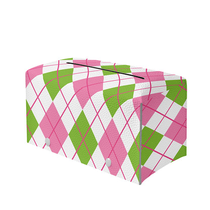 Pink Green And White Argyle Print Leather Tissue Box Cover