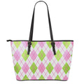 Pink Green And White Argyle Print Leather Tote Bag With Zipper