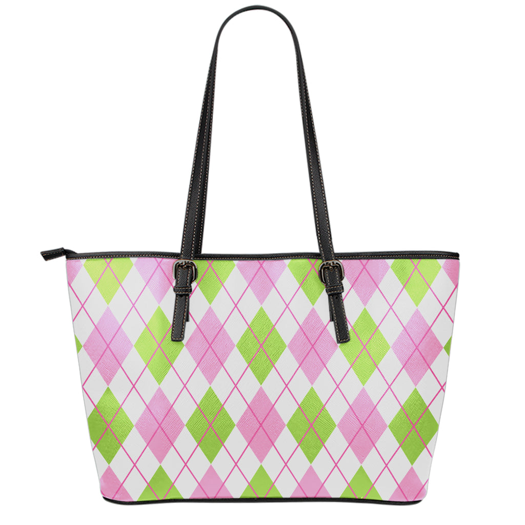 Pink Green And White Argyle Print Leather Tote Bag