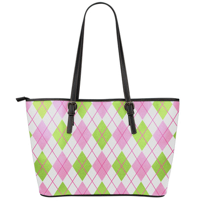 Pink Green And White Argyle Print Leather Tote Bag