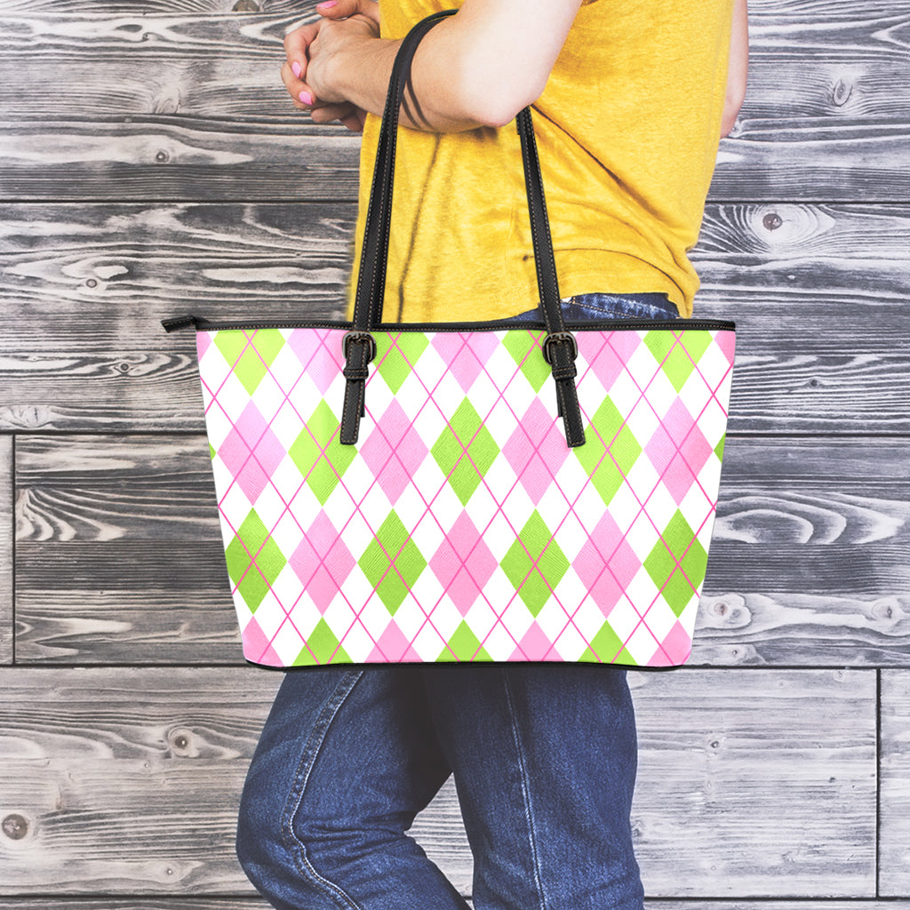 Pink Green And White Argyle Print Leather Tote Bag