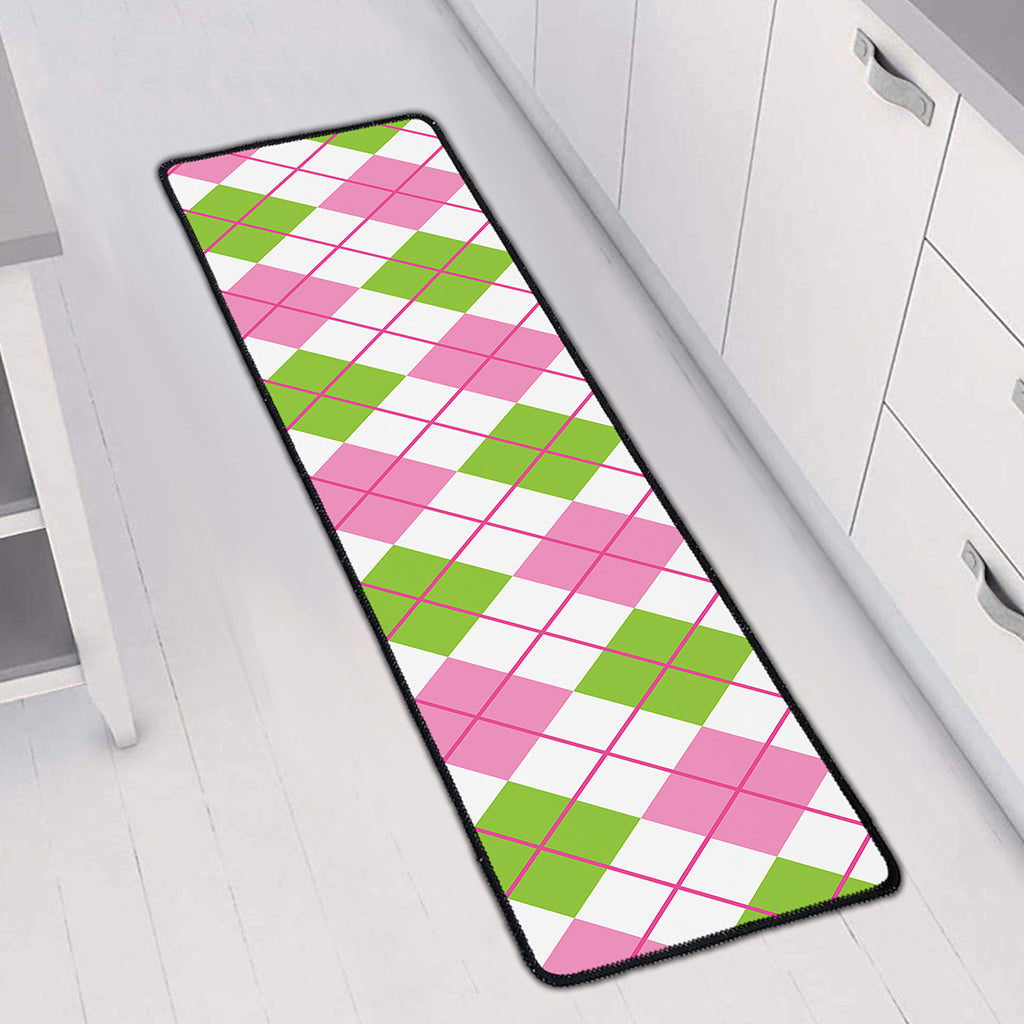Pink Green And White Argyle Print Long Kitchen Mat
