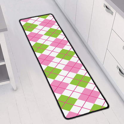 Pink Green And White Argyle Print Long Kitchen Mat