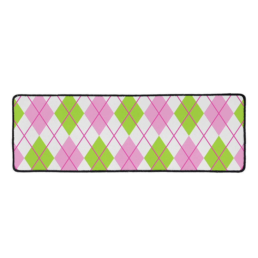 Pink Green And White Argyle Print Long Kitchen Mat