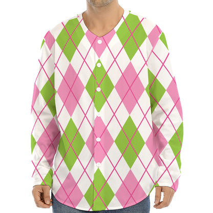 Pink Green And White Argyle Print Long Sleeve Baseball Jersey