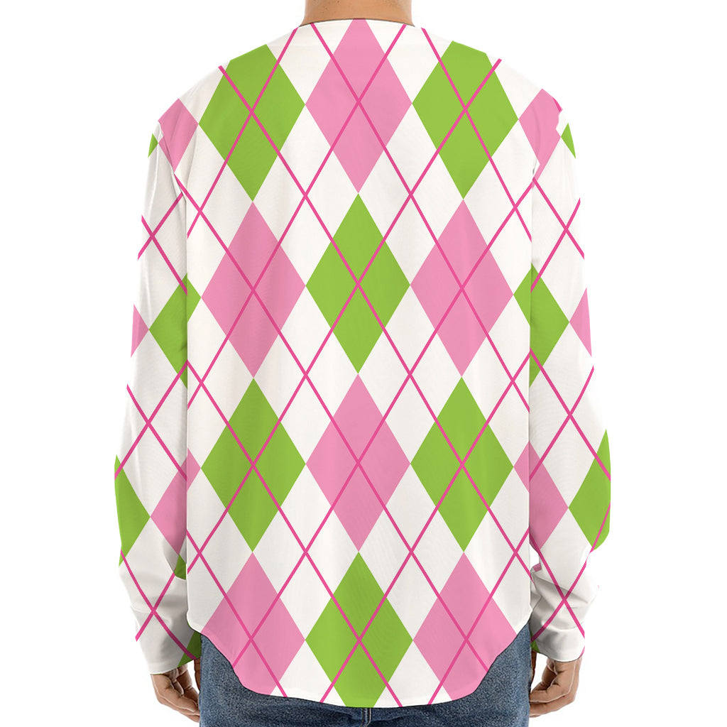 Pink Green And White Argyle Print Long Sleeve Baseball Jersey