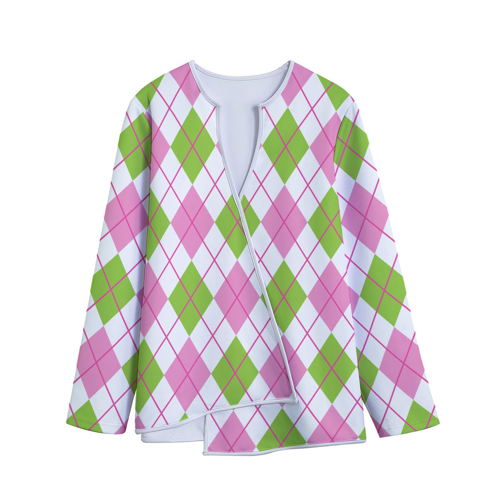 Pink Green And White Argyle Print Long Sleeve Short Coat