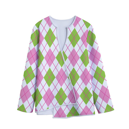 Pink Green And White Argyle Print Long Sleeve Short Coat