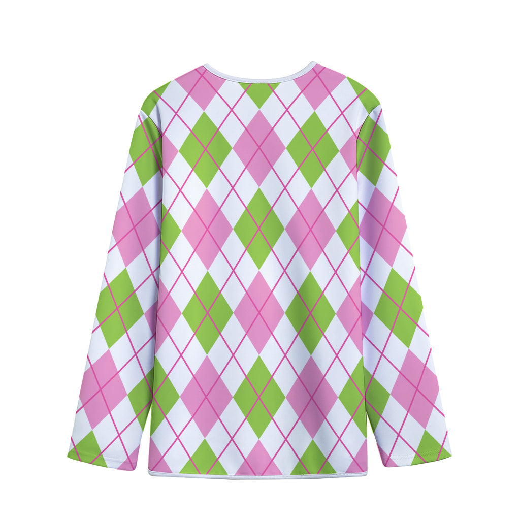 Pink Green And White Argyle Print Long Sleeve Short Coat