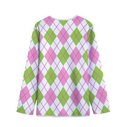 Pink Green And White Argyle Print Long Sleeve Short Coat