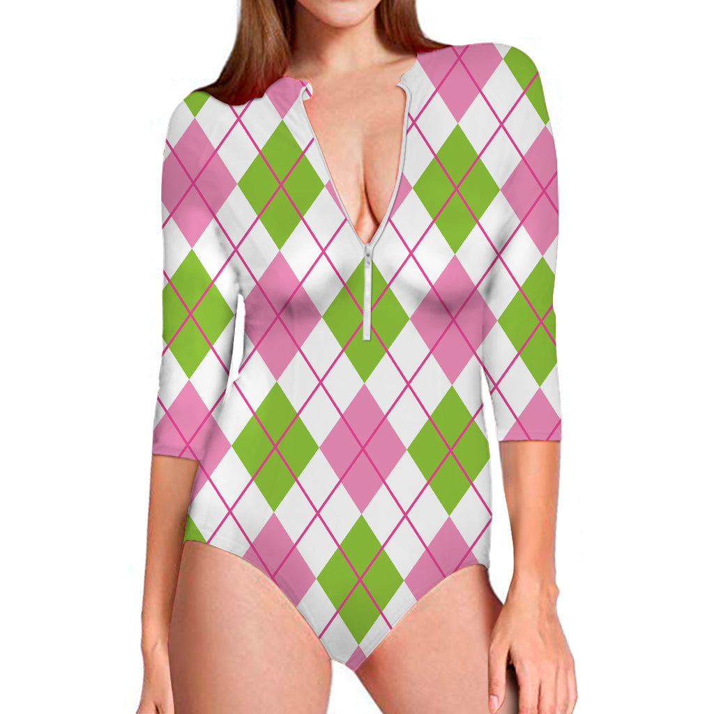 Pink Green And White Argyle Print Long Sleeve Swimsuit