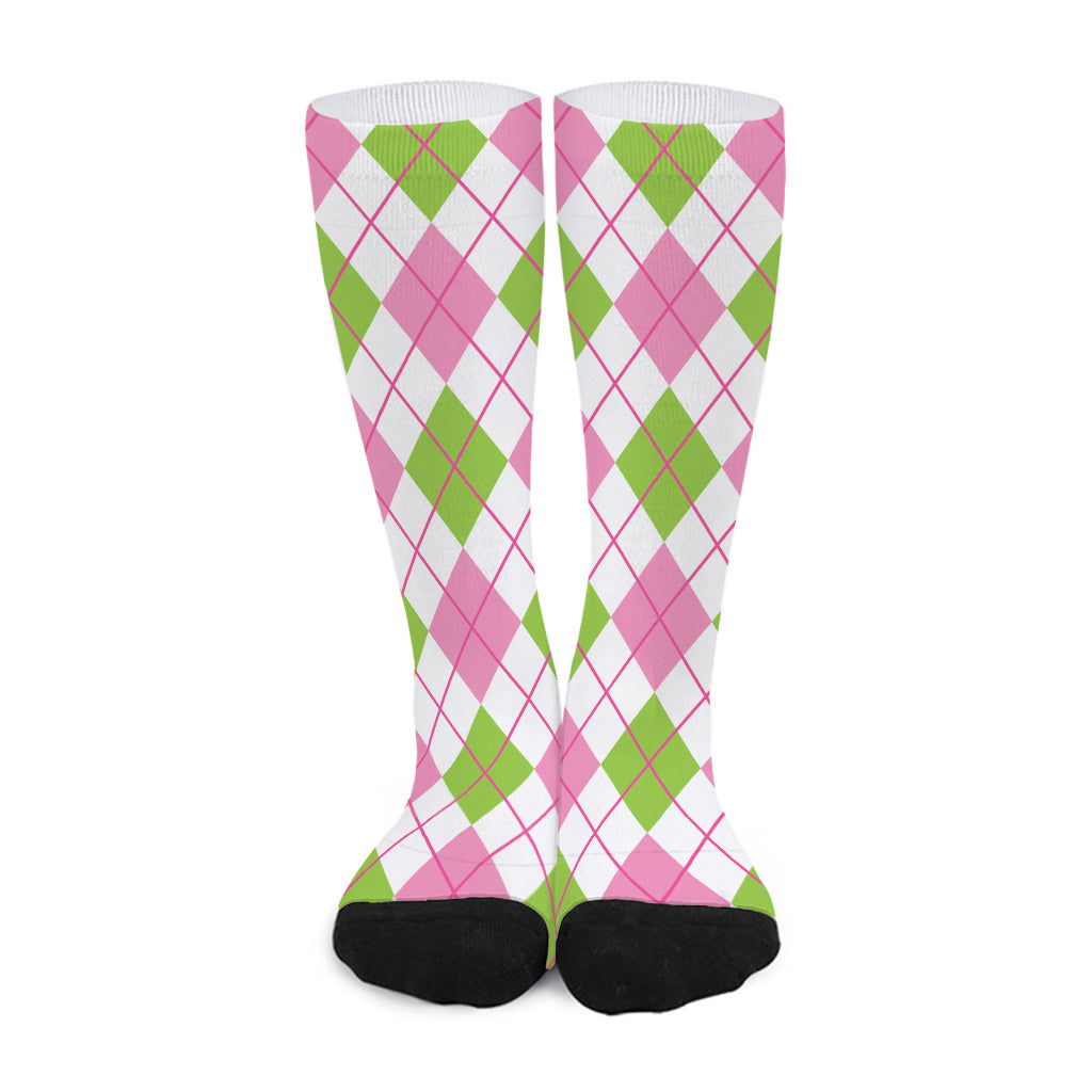 Pink Green And White Argyle Print Long Socks