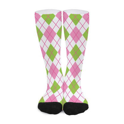 Pink Green And White Argyle Print Long Socks