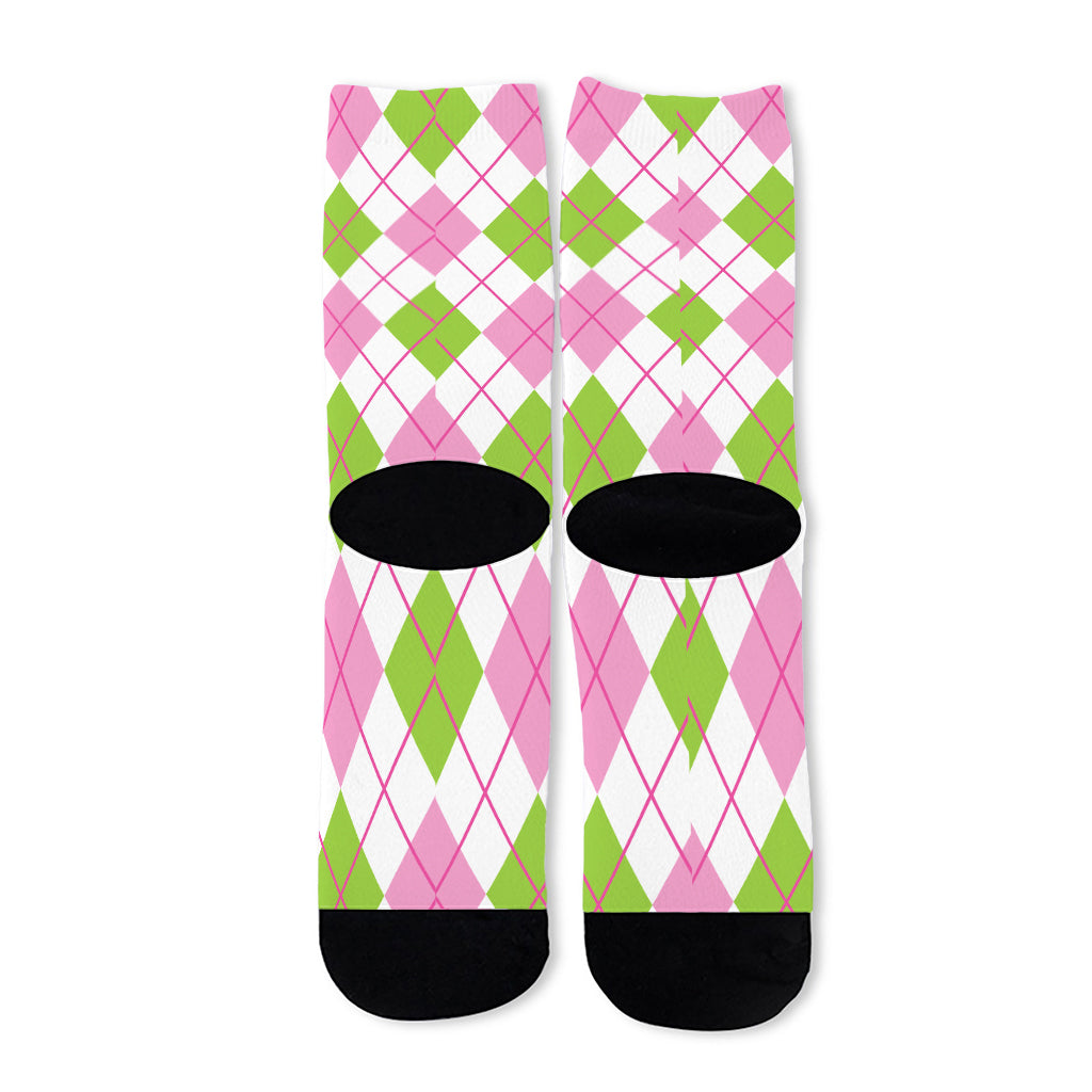Pink Green And White Argyle Print Long Socks