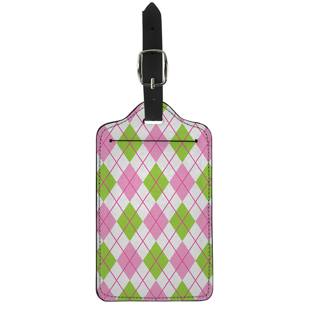 Pink Green And White Argyle Print Luggage Tag