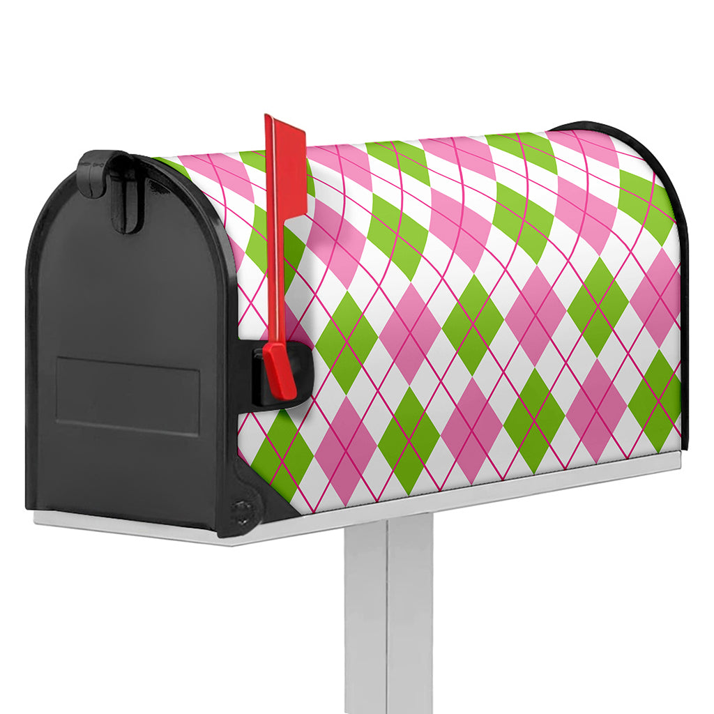 Pink Green And White Argyle Print Mailbox Cover