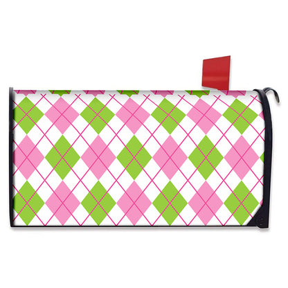 Pink Green And White Argyle Print Mailbox Cover