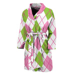 Pink Green And White Argyle Print Men's Bathrobe