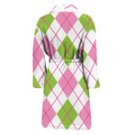 Pink Green And White Argyle Print Men's Bathrobe