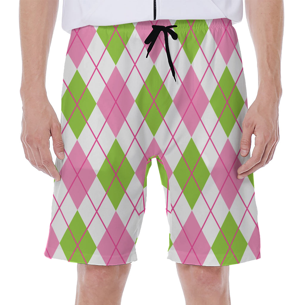 Pink Green And White Argyle Print Men's Beach Shorts