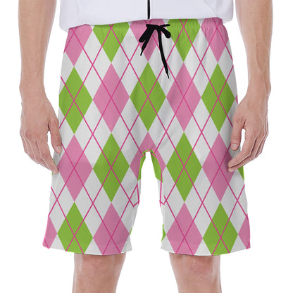 Pink Green And White Argyle Print Men's Beach Shorts