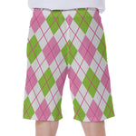 Pink Green And White Argyle Print Men's Beach Shorts