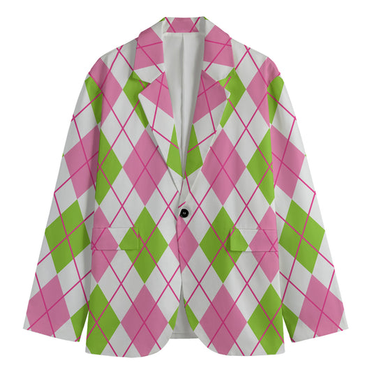 Pink Green And White Argyle Print Men's Blazer