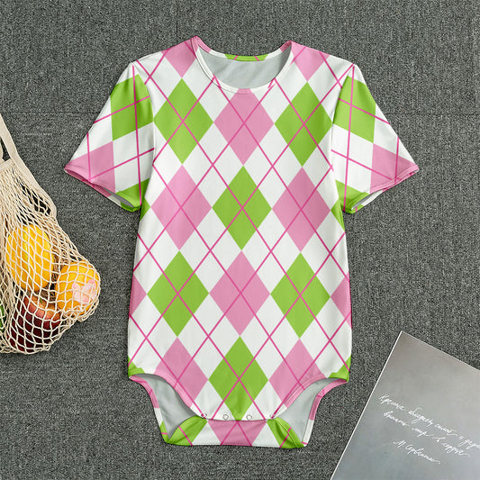 Pink Green And White Argyle Print Men's Bodysuit