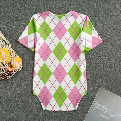 Pink Green And White Argyle Print Men's Bodysuit