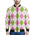 Pink Green And White Argyle Print Men's Bomber Jacket