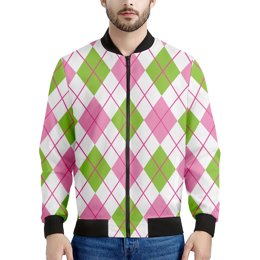 Pink Green And White Argyle Print Men's Bomber Jacket
