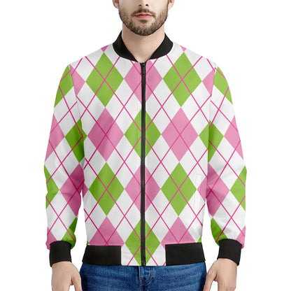 Pink Green And White Argyle Print Men's Bomber Jacket