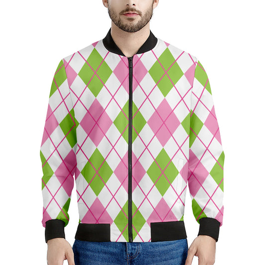 Pink Green And White Argyle Print Men's Bomber Jacket