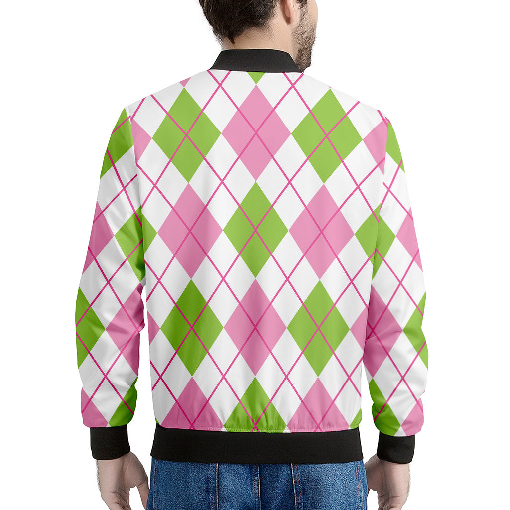 Pink Green And White Argyle Print Men's Bomber Jacket