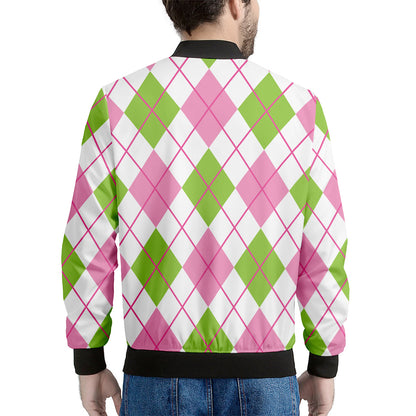 Pink Green And White Argyle Print Men's Bomber Jacket