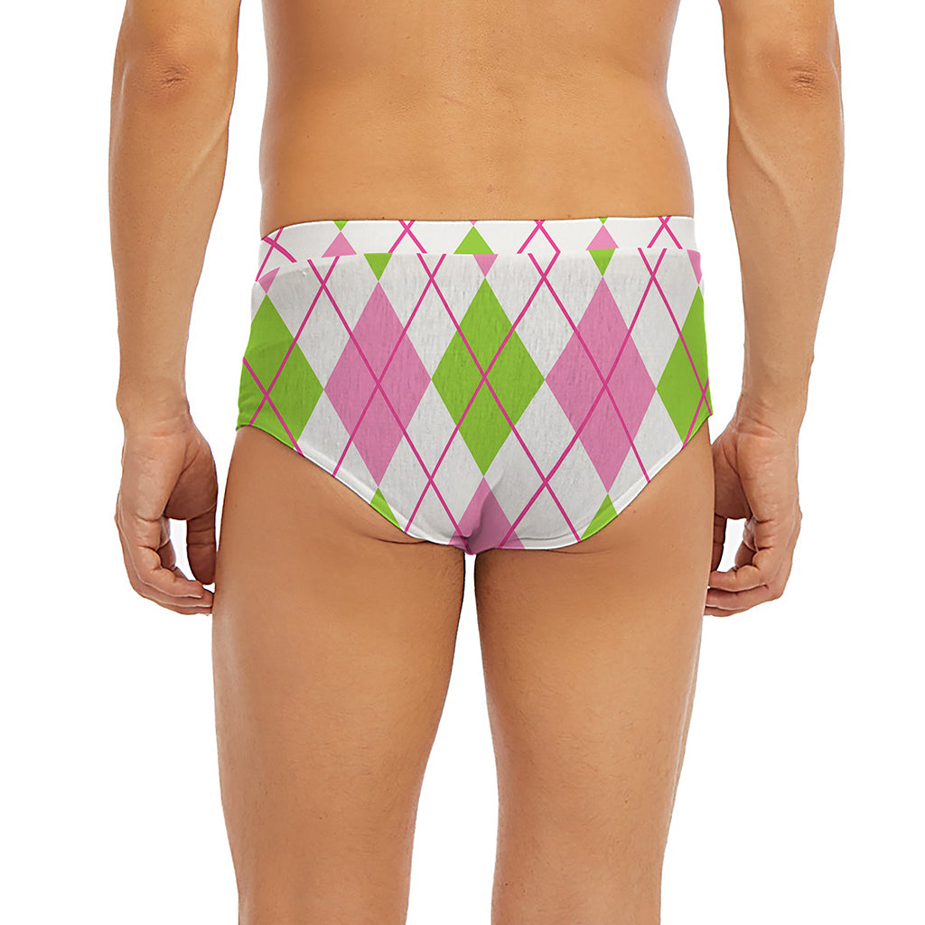 Pink Green And White Argyle Print Men's Briefs