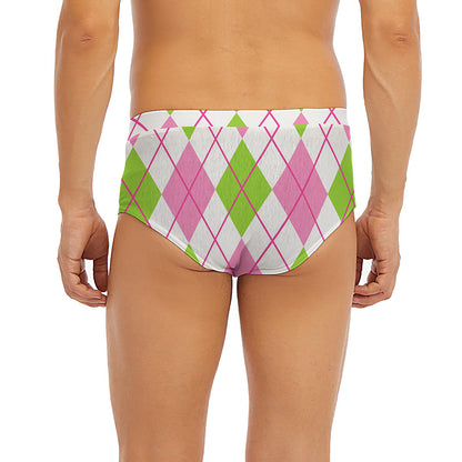 Pink Green And White Argyle Print Men's Briefs