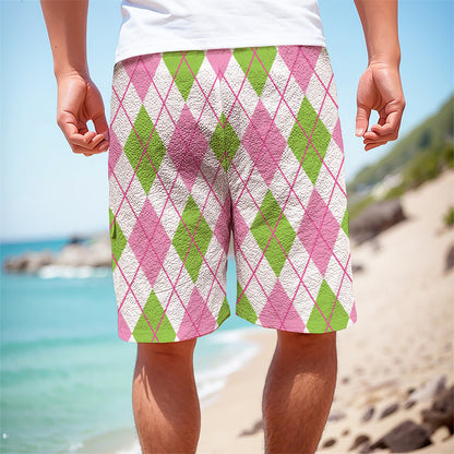 Pink Green And White Argyle Print Men's Cargo Shorts