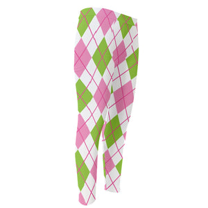 Pink Green And White Argyle Print Men's Compression Pants