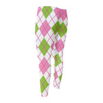 Pink Green And White Argyle Print Men's Compression Pants