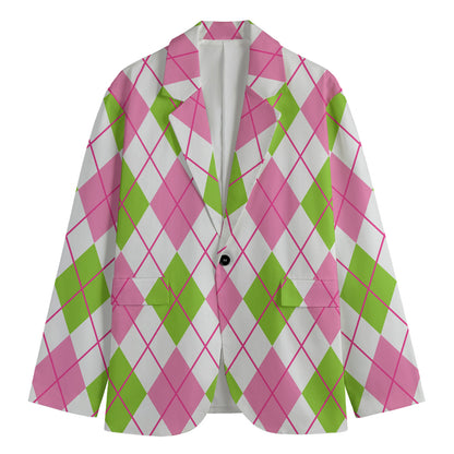 Pink Green And White Argyle Print Men's Cotton Blazer