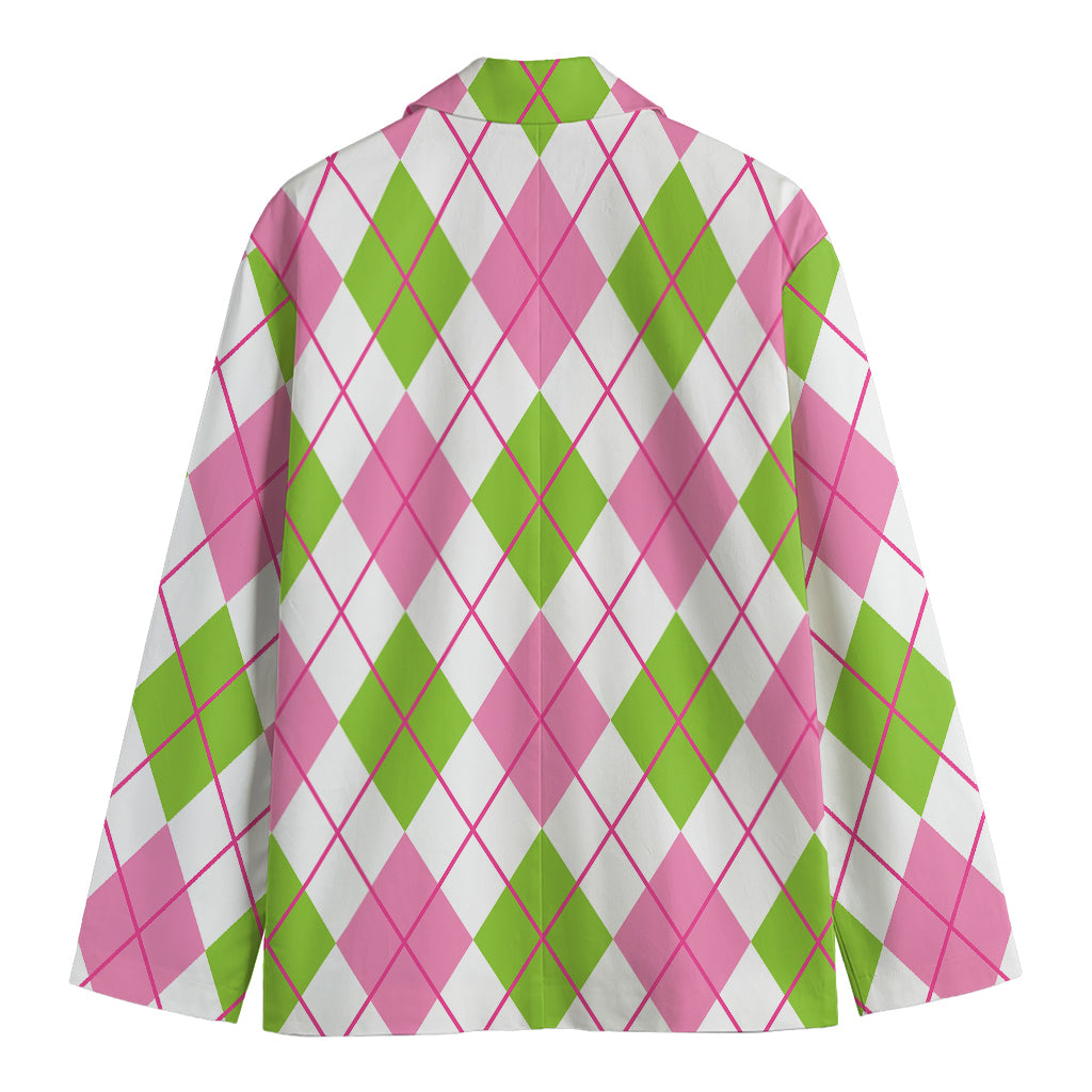 Pink Green And White Argyle Print Men's Cotton Blazer