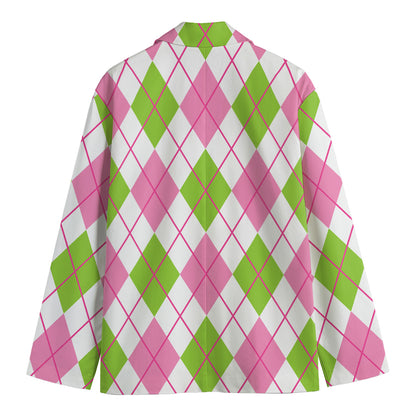 Pink Green And White Argyle Print Men's Cotton Blazer