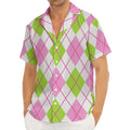 Pink Green And White Argyle Print Men's Deep V-Neck Shirt