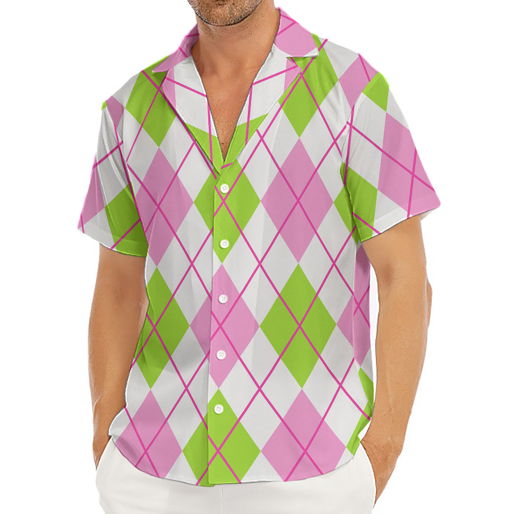 Pink Green And White Argyle Print Men's Deep V-Neck Shirt