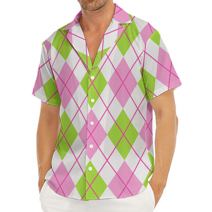 Pink Green And White Argyle Print Men's Deep V-Neck Shirt