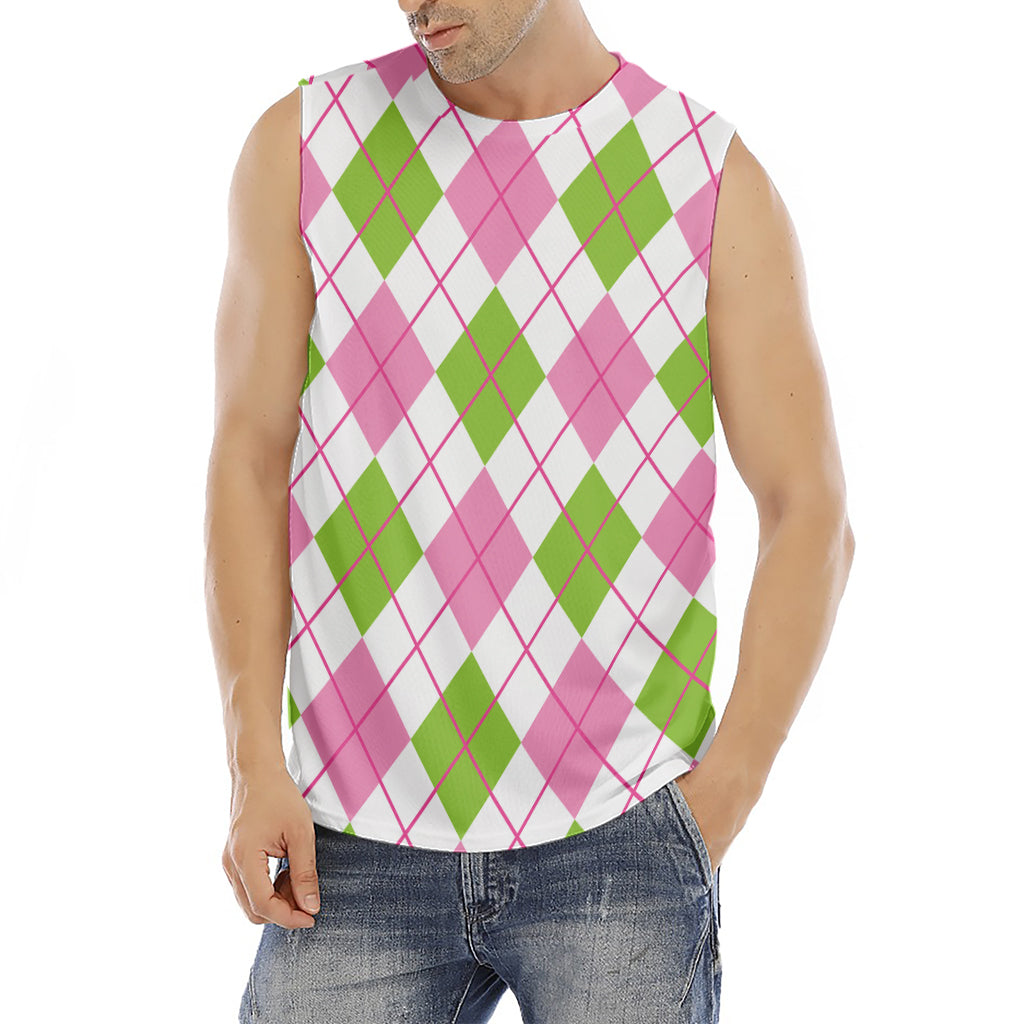 Pink Green And White Argyle Print Men's Fitness Tank Top