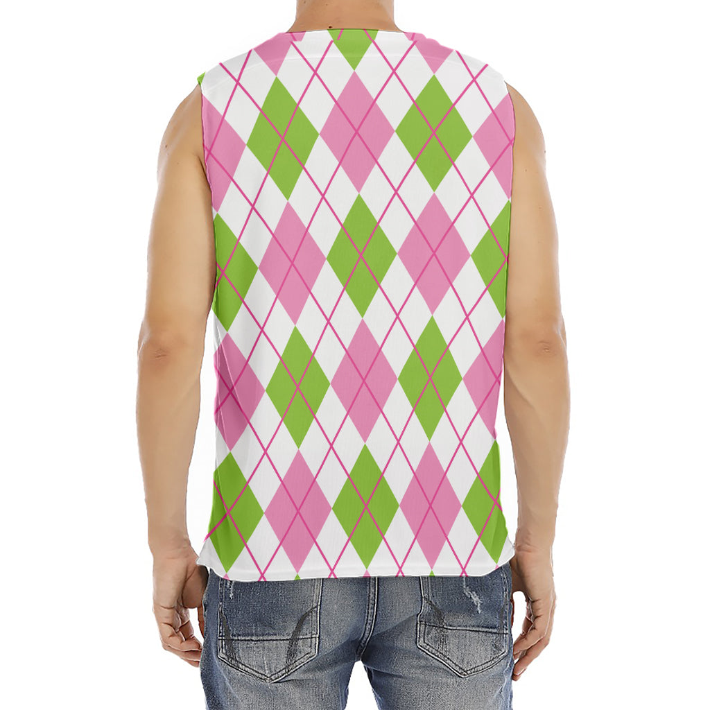 Pink Green And White Argyle Print Men's Fitness Tank Top