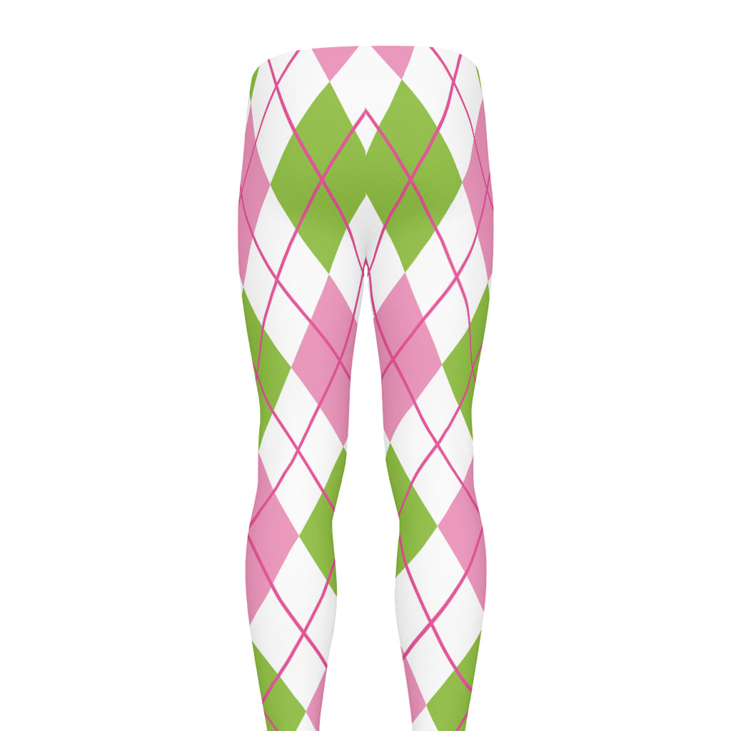 Pink Green And White Argyle Print Men's leggings