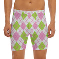 Pink Green And White Argyle Print Men's Long Boxer Briefs